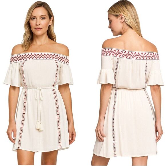 POL Medium Off-White Sheer Mini Dress Coverup Red Embroidery Elastic Tie Waist - Picture 1 of 14